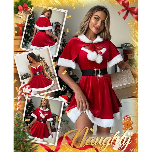 Christmas Dress for Women Santa Babydoll Mrs Claus Velvet Costume Lingerie Set - Picture 4 of 5